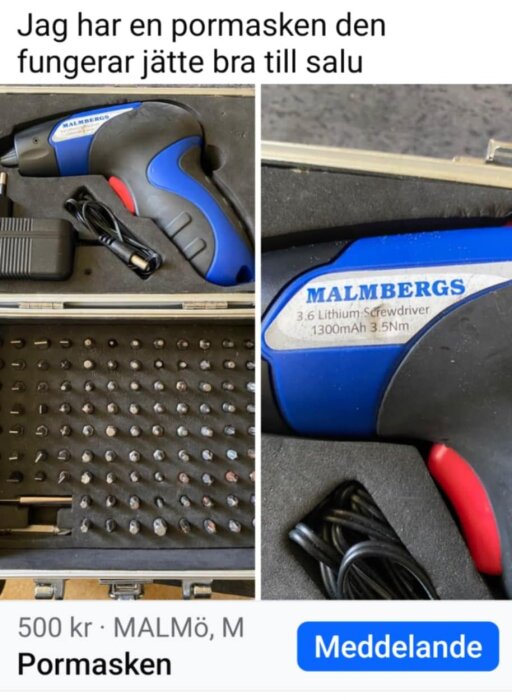 Skruvdragare från Malmbergs med tillhörande laddare och kabel i en förvaringslåda, bildtexten anger att den är till salu för 500 kr i Malmö.