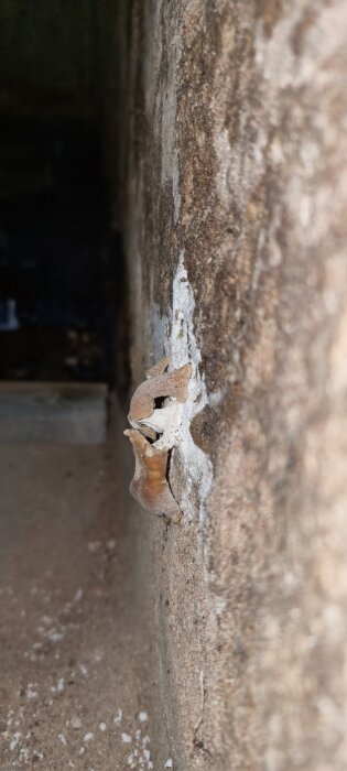 Rostig metallbit som sticker ut från en smutsig betongvägg i en sliten miljö.