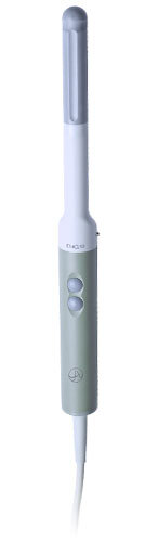 En elektrisk locktång med två knappar på handtaget, vit med grå detaljer.