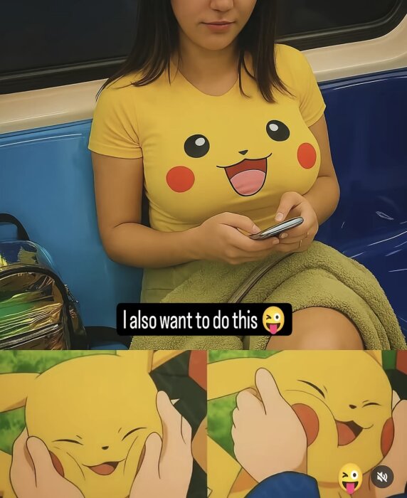 En person med en gul Pikachu-tröja sitter i kollektivtrafiken och håller en mobil. Nedanför visas en tecknad bild av Pikachu som blir kramad.