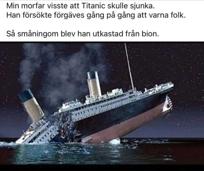Titanic sjunker under en stjärnklar natt, med bildtext som skämtar om att varna publik i en biosalong.