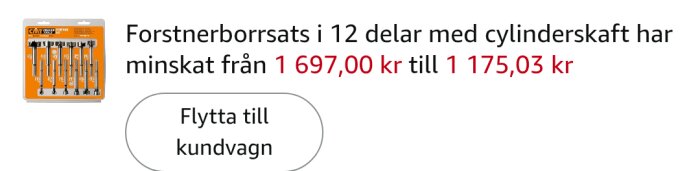 Forstnerborrsats i 12 delar med prissänkning från 1 697 kr till 1 175,03 kr, med alternativ att flytta till kundvagn.