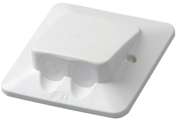 Vit plastkåpa för elinstallation, fyrkantig med bulkat lock, avsedd att täcka dosor för fast anslutning, märkt med IP44 för skydd mot damm och vatten.