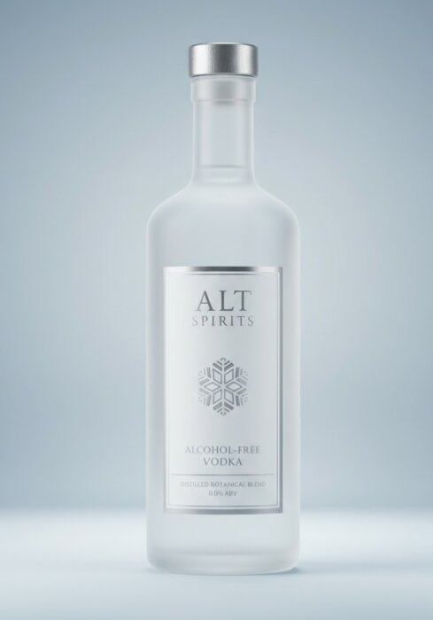 Flaska med alkoholfria vodka ALT Spirits, vit etikett, 0,0% ABV.