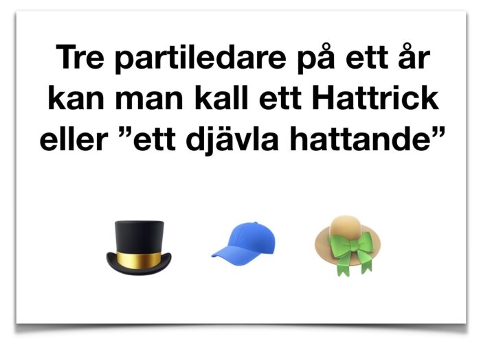 Text med tre hattar i bild: hög hatt, blå keps och solhatt med grön rosett. Innehåller humoristiskt budskap om partiledarskap.