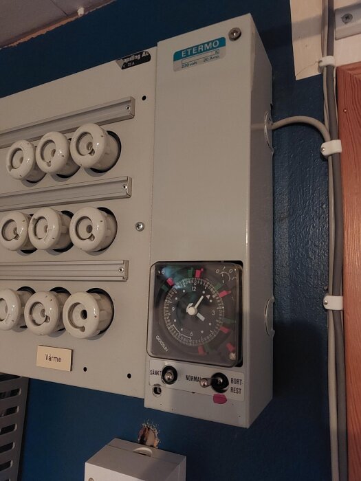 Äldre elcentral med flera säkringar och en timer märkt ETERMO på väggen i ett suterränghus från 1984.