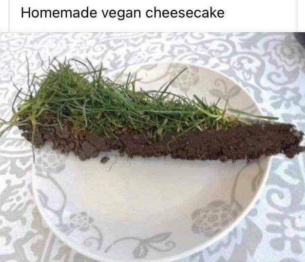 En bit jord och gräs på en tallrik, med texten "Hemgjord vegansk cheesecake" ovanför.