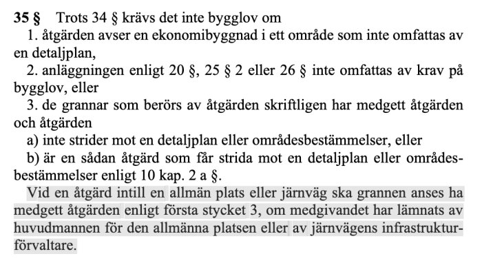 Textutdrag från svenska plan- och bygglagen, paragraf 35, om bygglov vid åtgärder intill allmän plats eller järnväg.