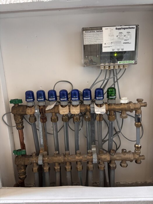 Manifold och styrbox för golvvärmesystem, med flera kopplade rör och styrdon i en villa. Används för felsökning av övre våningens badrumsvärme.