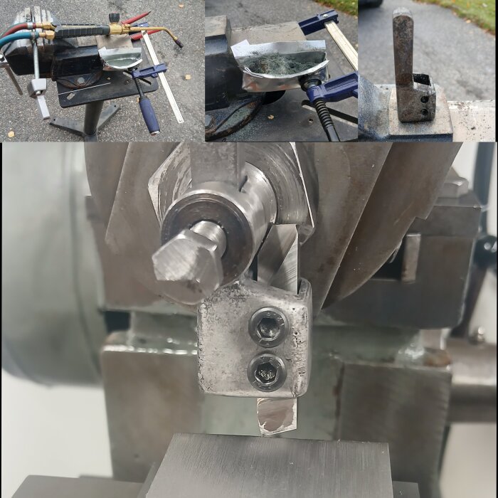 Metallverktyg i flera arbetssteg, inklusive brännare, smältkärl och bearbetningsmaskin.