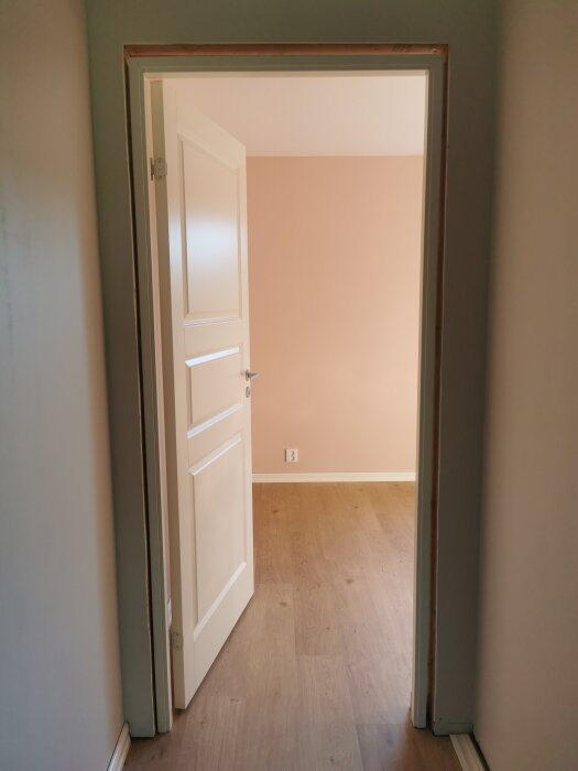 Vit dörr i utbyggnad med synlig glipa runt karmen.