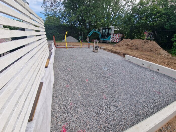 Grundplatta för attefallshus under uppbyggnad med grus och L-stöd. En grävmaskin i bakgrunden och en hög jord finns på platsen.