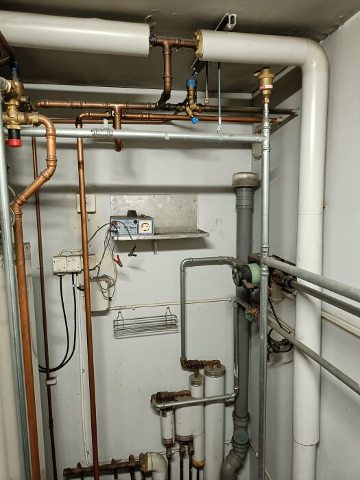 Bild på ett pannrum med koppar- och stålrör, ventiler och en cirkulationspump. Elektriska uttag och en termostat syns på väggen.