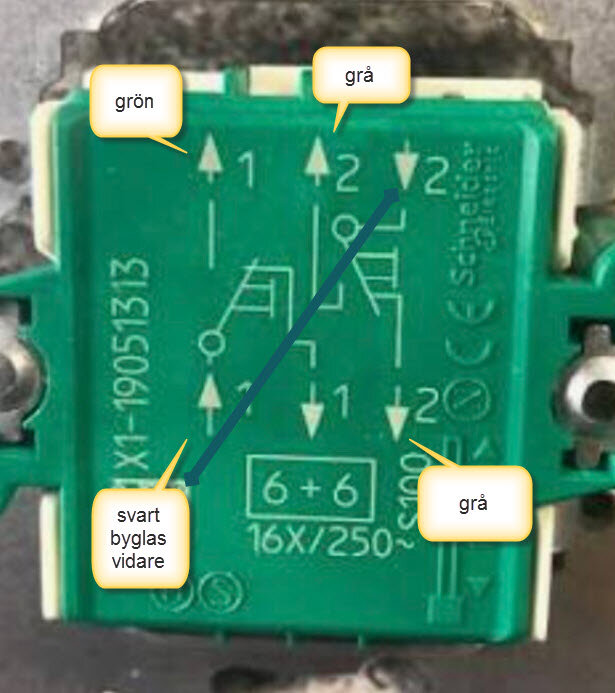 Grön rektangulär kopplingsplint med kabelanslutningar märkta grön, grå, och svart byglas vidare. 16A/250V märkning synlig.