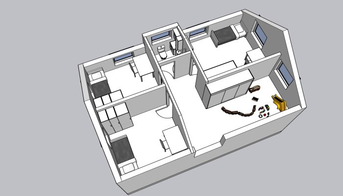 3D-modell av rumsfördelning i en byggnad, med möbler, sängar, bord och badrum.