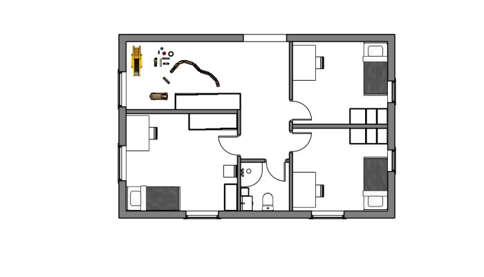 Planritning av en lägenhet med två sovrum, ett badrum och gemensamma utrymmen. Skruvar och en kedja syns ovanför ritningen.