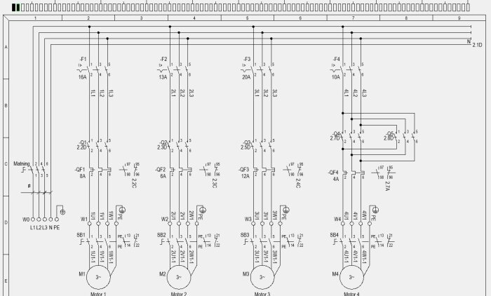 Schematisk ritning av elektriska kretsar för en anläggning med fyra motorer (M1–M4) med motorskydd, brytare och ledningsdragning.