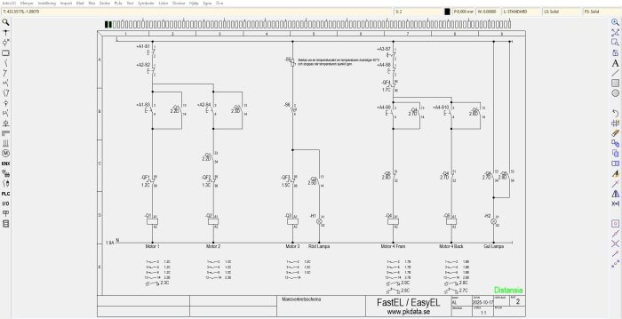 Manöverkretsschema för motorer och lampor, innehållande start- och stoppkretsar, med termostatstyrning och spärr för M4-riktningar, skapad i FastEL/EasyEL.