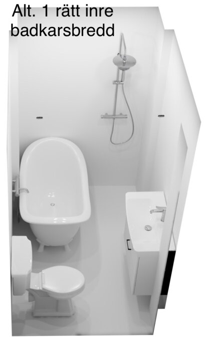 Svartvitt 3D-badrumsskissering, alternativ 1, med badkar, toalett, dusch och handfat i en kompakt layout.