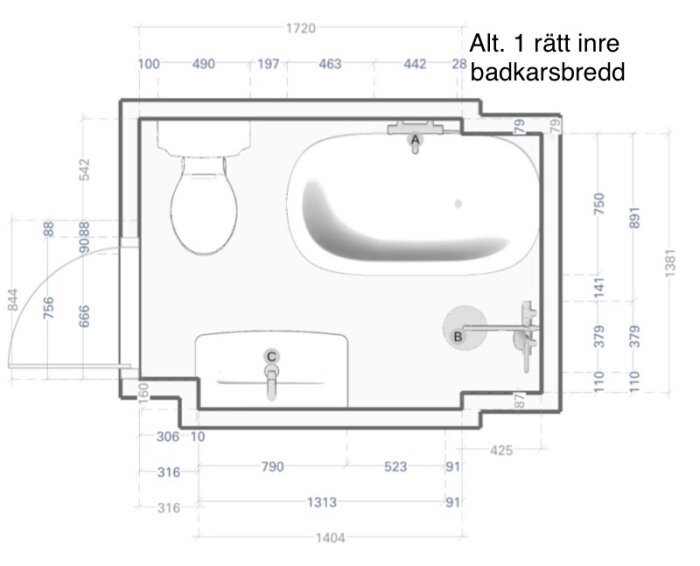 Badrumsritning med mått och placering av badkar längs väggen samt kommod och duschkabin markerade, enligt alternativ 1.