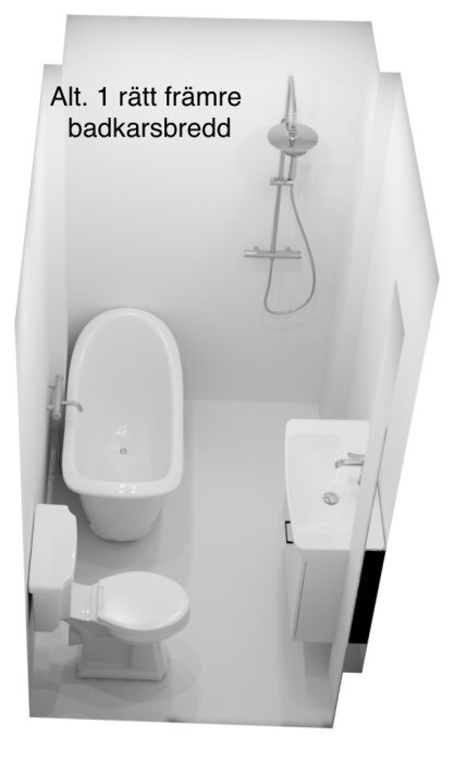 Badrumsplanering Alt. 1: Badkar placerat längs väggen, dusch med takmonterad dusch och handfat på motsatt sida om det trånga utrymmet.