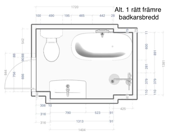 Badrumsplan med badkar längs långsidan, WC och handfat. Visar alternativ 1 med mått för rätt främre badkarsbredd.
