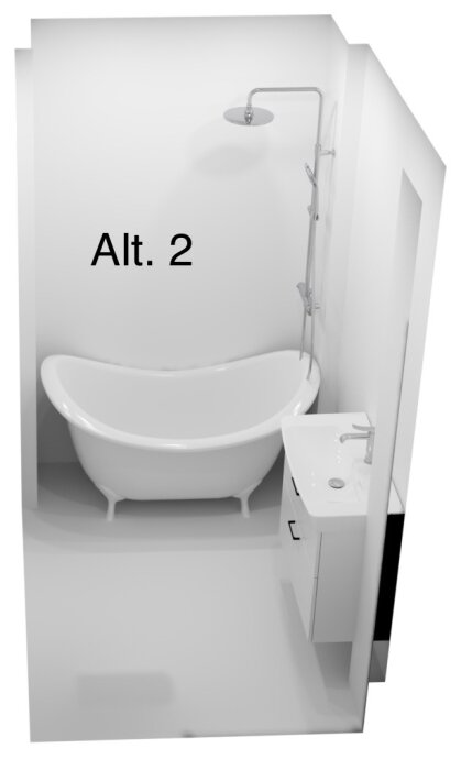 Badkar med kortsida placerad under takdusch, liten kommod bredvid. Märkt "Alt. 2". 3D-illustration av badrumslayoutförslag.