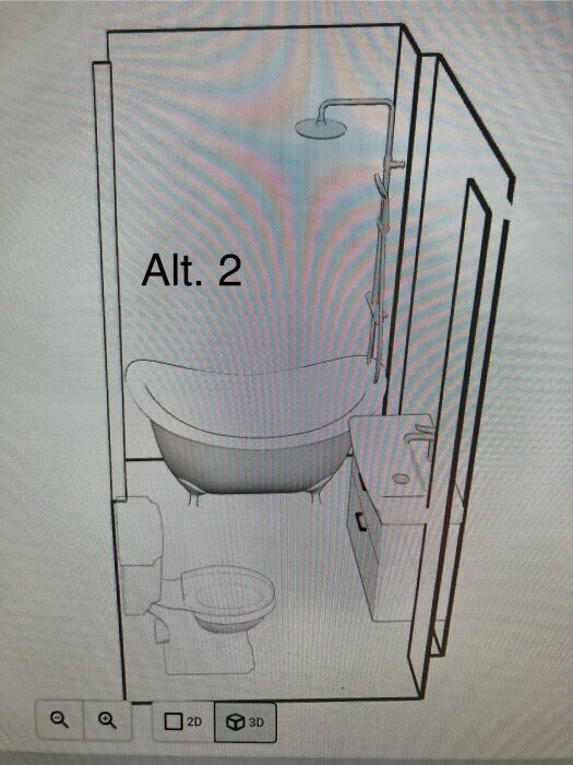 Badrumsdesign för alt. 2, visar badkar på kortsidan med takdusch och duschdraperi, samt WC och kommod i liten yta.