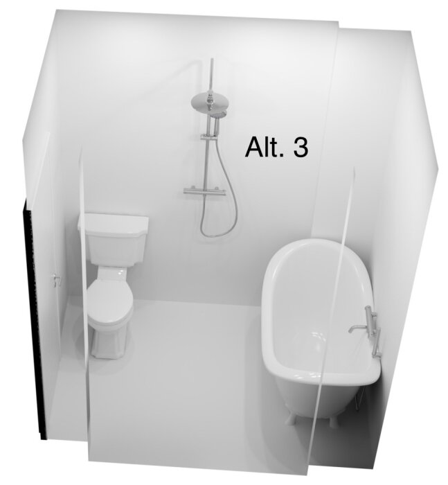 3D-vy över badrumsalternativ 3 med badkar längs långsidan, toalett bredvid och väggmonterad dusch framför toaletten.