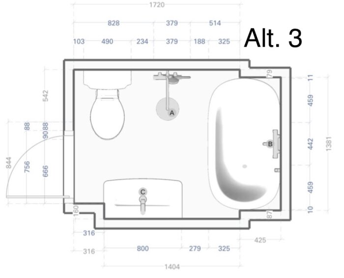 Planritning över badrum för Alt. 3 med badkar längs långsidan, U-format duschdraperi och placering av toalett och kommod. Mått är inkluderade.