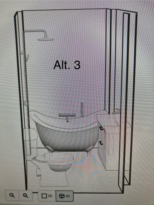 Badrumsritning alternativ 3 med badkar längs väggen, separat U-format duschdraperi och toalett bredvid.