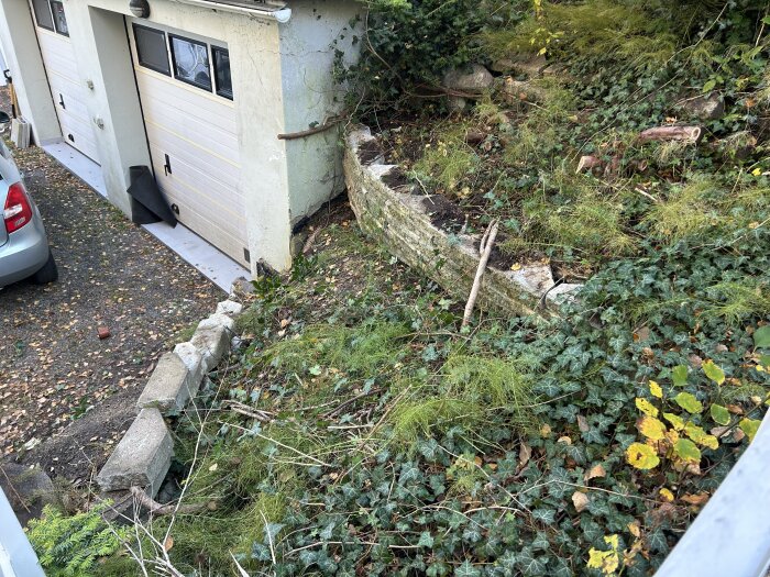 Bild på en uppfart med grönska och en mur, bredvid ett garage med två portar. Höstlöv på marken och en parkerad bil syns i kanten.