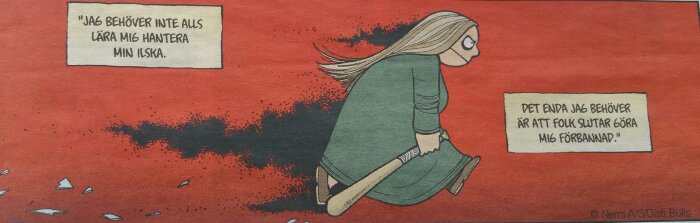 Tecknad figur med argt uttryck går på rött underlag med basebollträ, omgiven av pratbubblor med text om ilska.