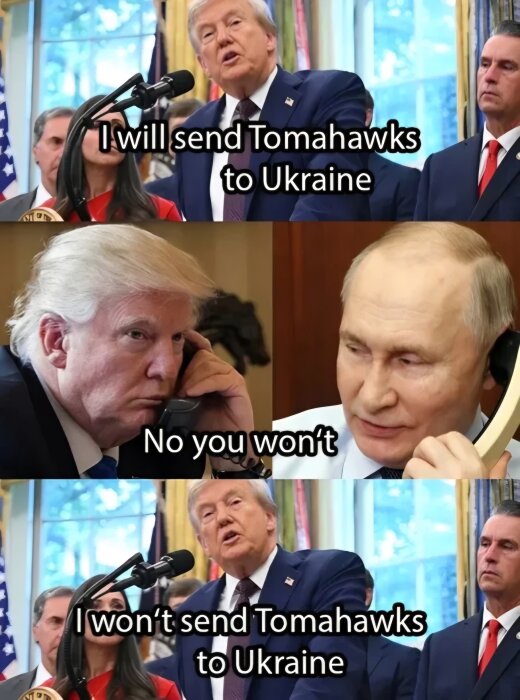 Montage av två kända ledare i samtal, med text som ändrar sig från hotfull till eftergiven ton angående att skicka Tomahawks till Ukraina.