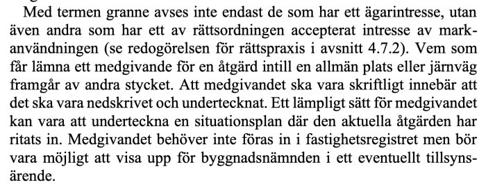 Text om medgivanden för åtgärder nära allmän plats eller järnväg, inklusive definition av "granne" enligt rättspraxis.