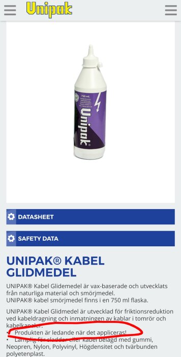 Flaska med Unipak® kabel glidmedel, 750 ml, violett etikett, text om att produkten är elektriskt ledande när den appliceras.