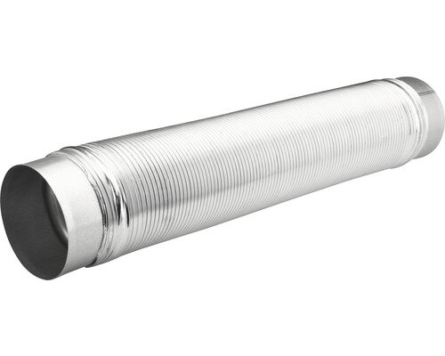 Aluminiumflexslang för köksfläktinstallation ligger på vit bakgrund, flexibel och cylinderformad, används för ventilation i kök.