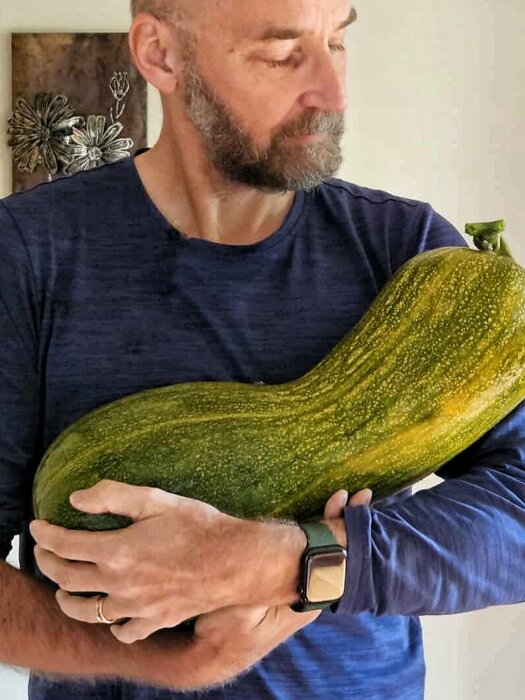 Man håller en stor, grön squash i famnen, iklädd en blå långärmad tröja och med en klocka på sin vänstra handled.