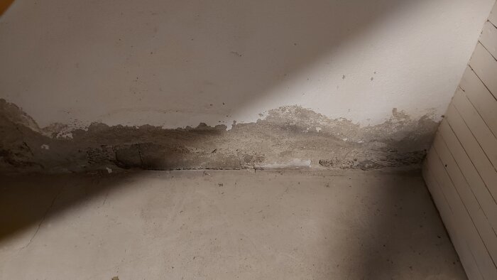 Flagnande och smulande källarvägg med synliga skador i nedre delen, belägen vid golv och hörn av rummet.