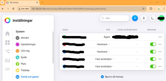 Skärmbild av Homey-inställningar med listan "Familj och gäster" och roller för varje användare, samt alternativ för att aktivera lokala användarnamn.
