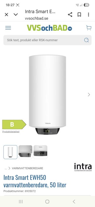 Varmvattenberedare Intra Smart EWH 50, 50 liter, vit design, från VVS och BAD på näthandel. Oval och smal med digital display.