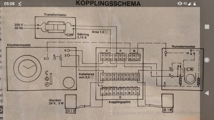 Diagram över kopplingsschema för reglercentral med klocktermostat och rumstermostat. Visar anslutningar och kopplingsplint för termostatinstallation.