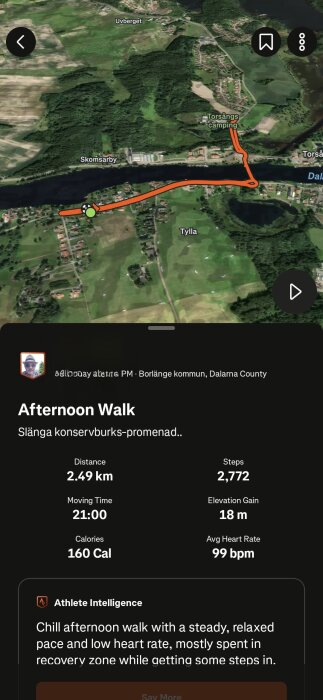 Karta över promenadrutt vid Torsångs camping i Borlänge, distans 2,49 km, tid 21 minuter, höjdökning 18 m, 2772 steg, förbrända kalorier 160.