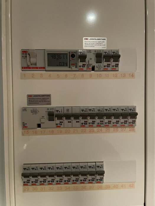 Elcentral med jordfelsbrytare och säkringar, märkta med nummer och etiketter, där den nedre brytaren verkar fungera korrekt enligt test.