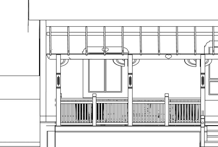 Ritning av en pergola med fokus på takkonstruktion och fyra pelare; diskussion om takets avslut vid pelarna.