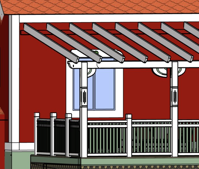 Pergola med bjälkar ovanför en altan framför ett rött hus, diskussion om takavslut.