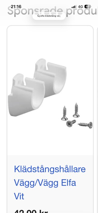 Vita klädstångshållare och skruvar, Elfa väggmontering.