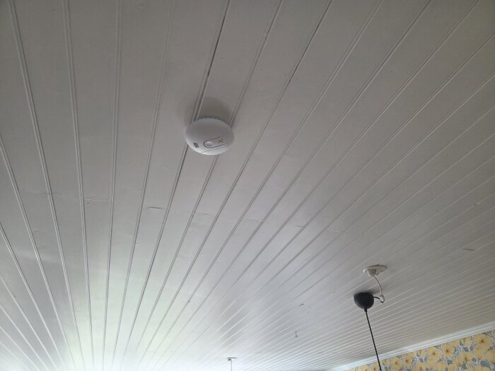 Bild på ett tak med vit träpanel, en brandvarnare och två taklampor installerade.