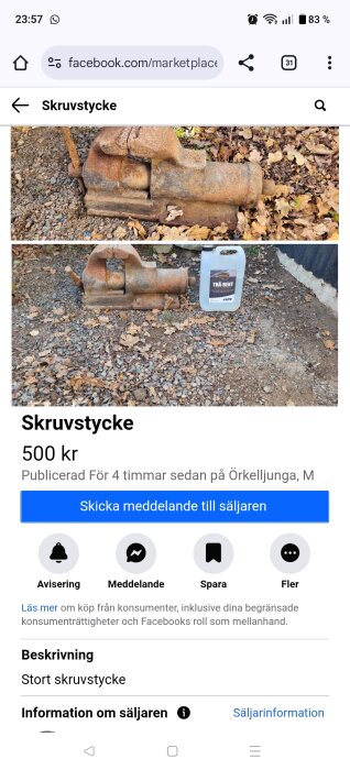 Rostigt skruvstycke på marken bredvid en dunk märkt "Trä-Rent," omgiven av grus och höstlöv utomhus.