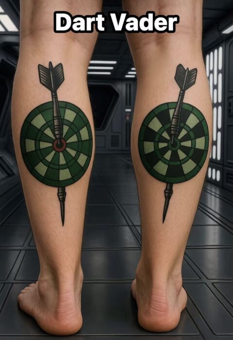 En person bakifrån med tatueringar av darttavlor och pilar på vaderna i en futuristisk korridor. Text överst: "Dart Vader".